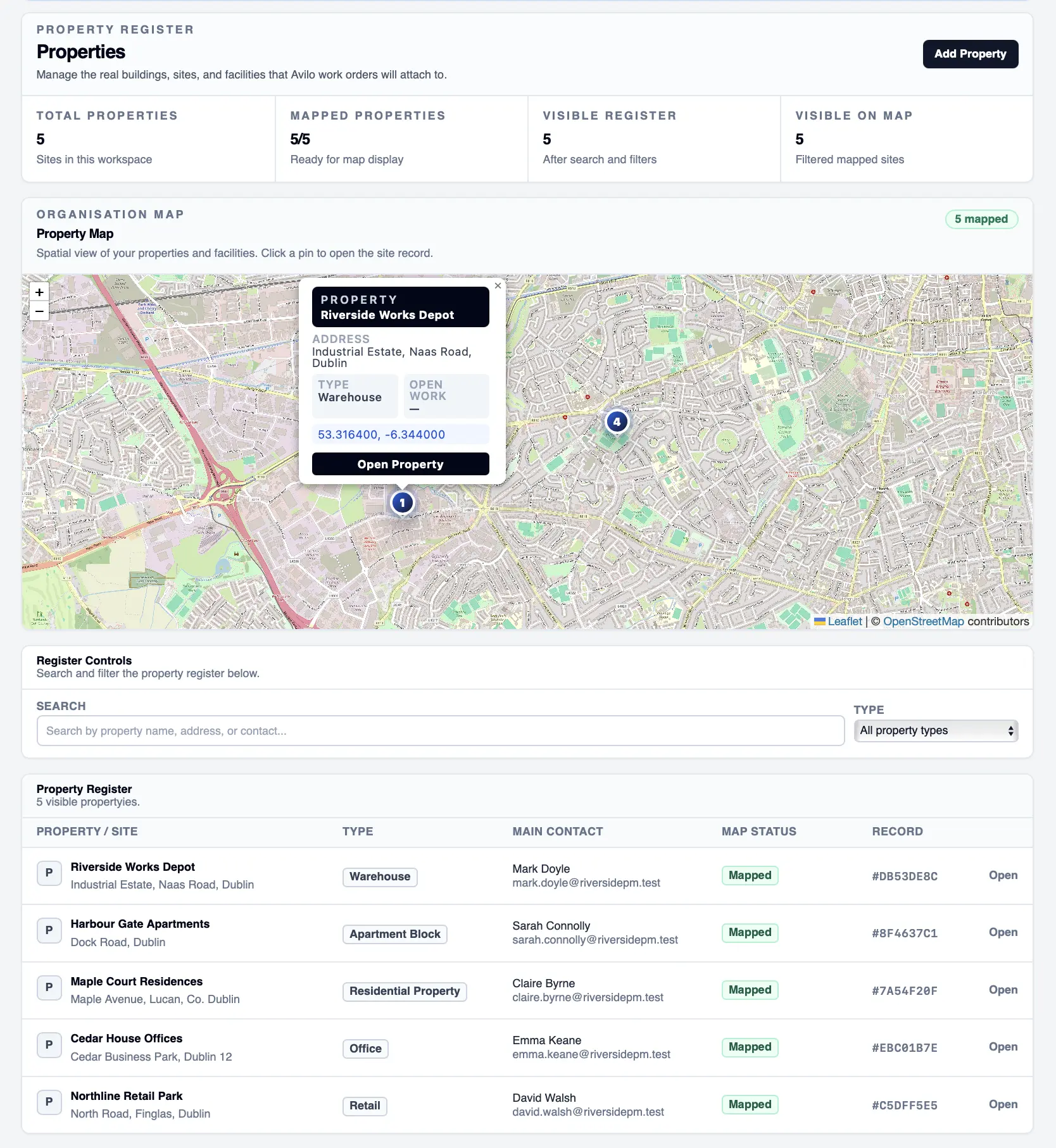 Avilo property management screen