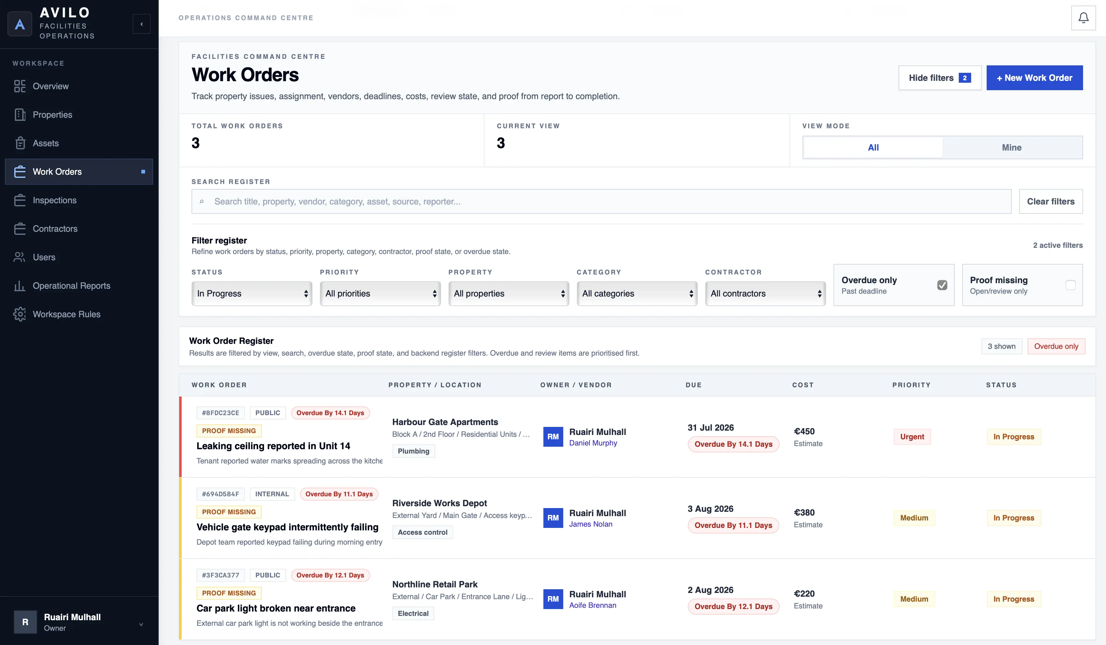 Avilo work order management screen